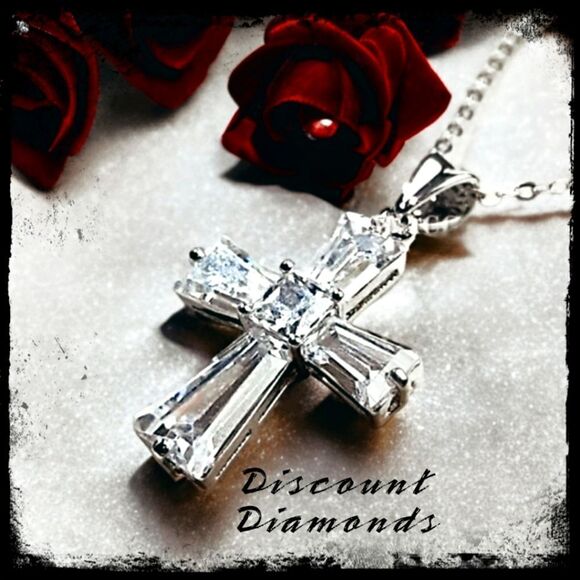 New- 925 Sterling Silver Cross Clear White Diamond Pendant Necklace - Women's